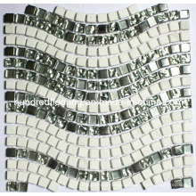 Mosaico de vidrio de piedra blanca y plata (HGM280)